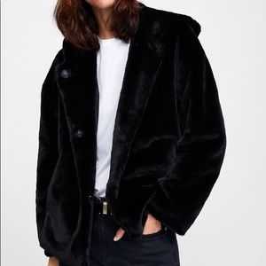 zara faux fur cropped snap button hoodie jacket in black